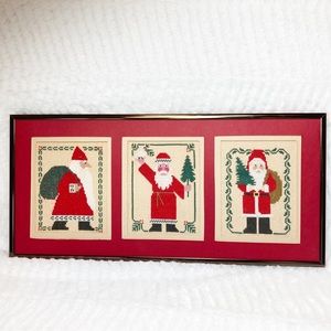 Vintage Hand Stitched Prairie Schooler Santa Trio Framed and Matted